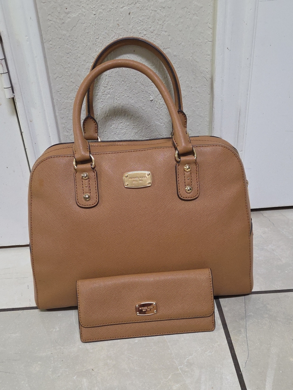 Michael Kors Camel Saffiano Dome Satchel with Gold Hardware